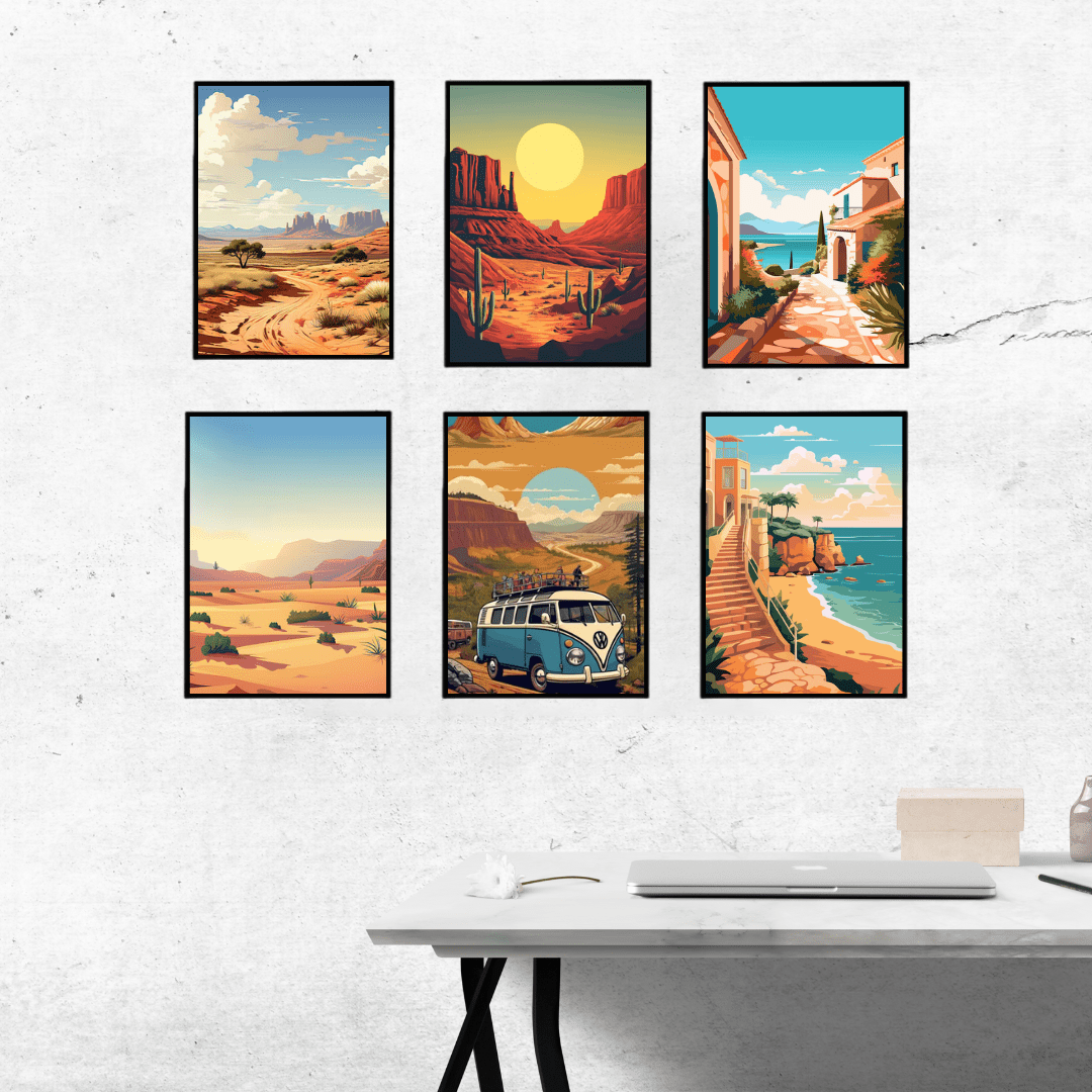Travel & Adventure Wall Art Set | Desert, Beach & Road Trip Posters SET OF 6 - Memories InsiteADVENTUR WALL FRAME - BLACK SET OF 6